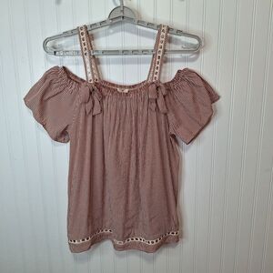 Easel Women’s Striped Off The Shoulder Top Size 1X Straps Bows Crochet Cutouts